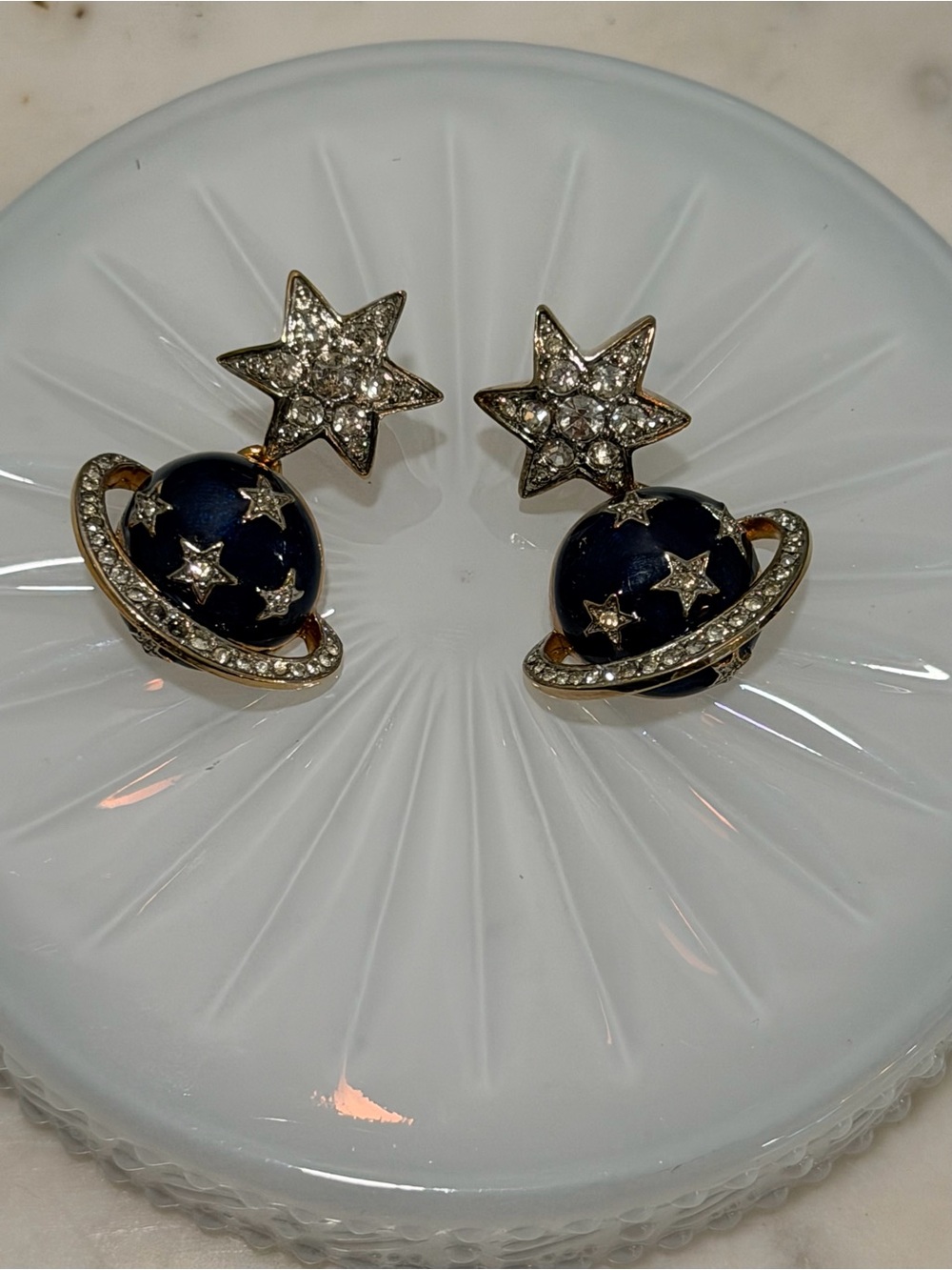 Butler & Wilson Celestial Saturn & Star Earrings - Navy and Gold
